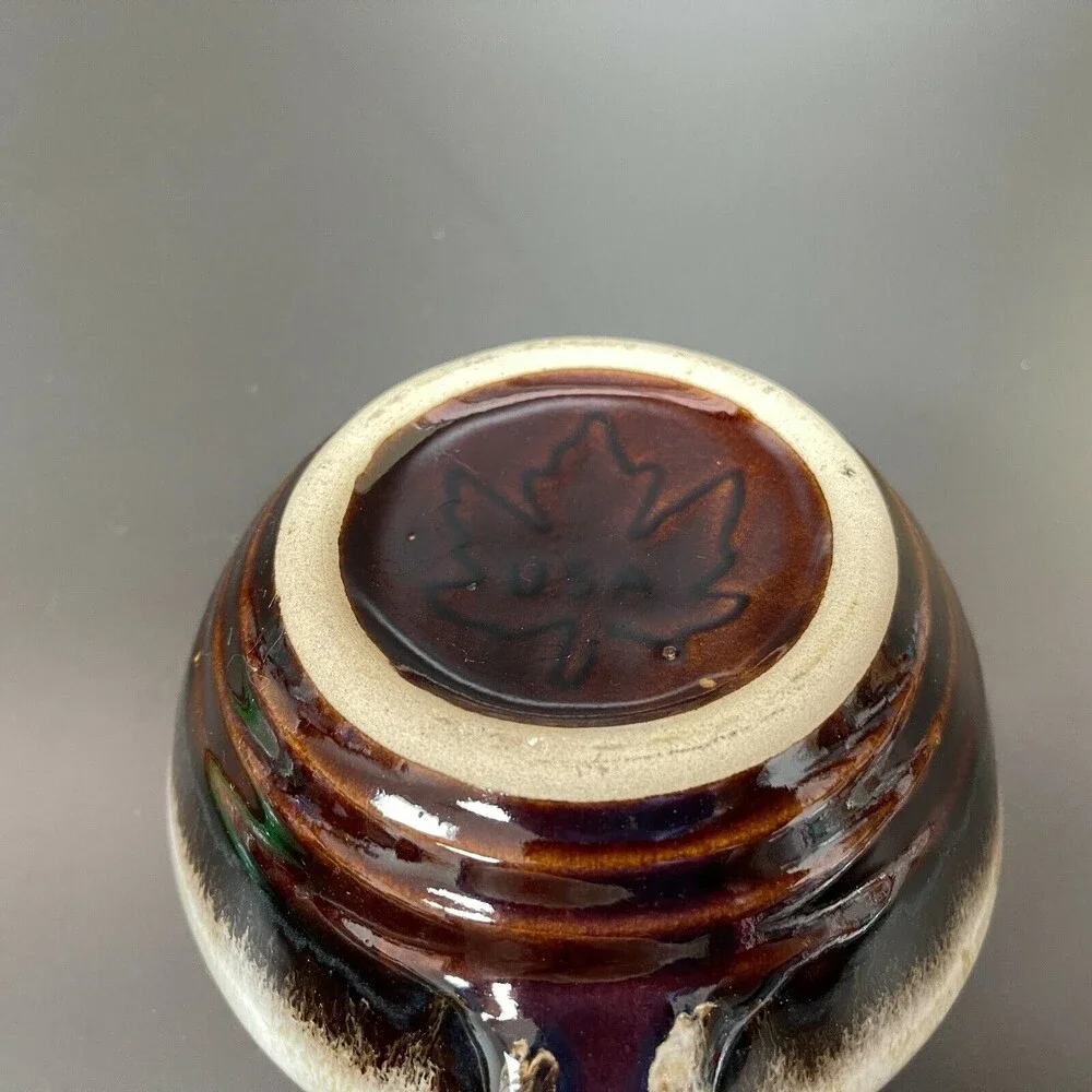 Monmouth Maple Leaf Brown Pottery Drip Glaze Handled‎ Soup Bowl USA